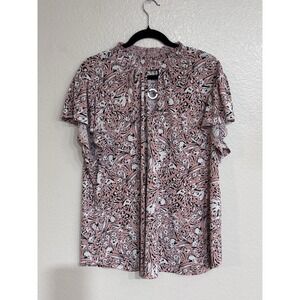 Adrienne Vittadini Charm Keyhole Smock Neck Plus Size 3X Top Pink White Floral